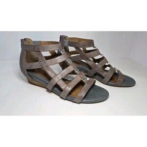 Women Sofft Wedge Gladiator Sandals Taupe & Gray/Blue Leather Slip Resist Sz 8